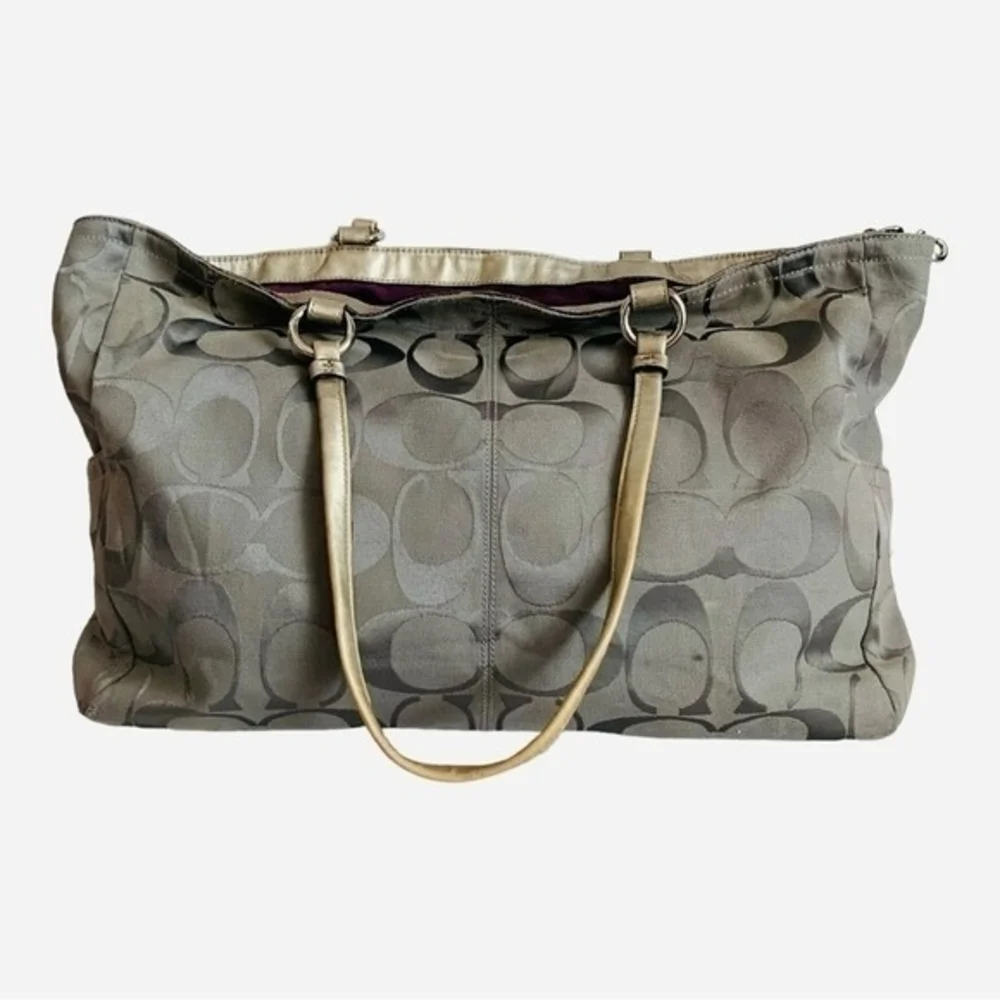 COACH Gabby Signature Tote Grey Silver Canvas Leather Shoulder Bag Good Plus
